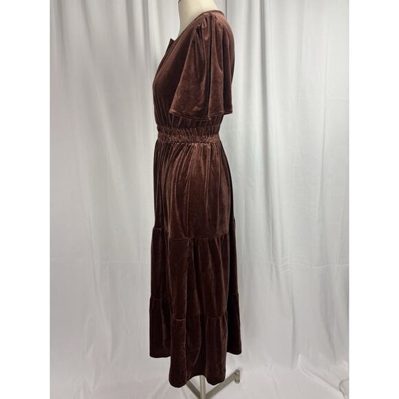 Women’s Velvet Tiered Short Sleeve Elastic Waist Maxi Dress Coffee Brown S - Picture 6 of 9